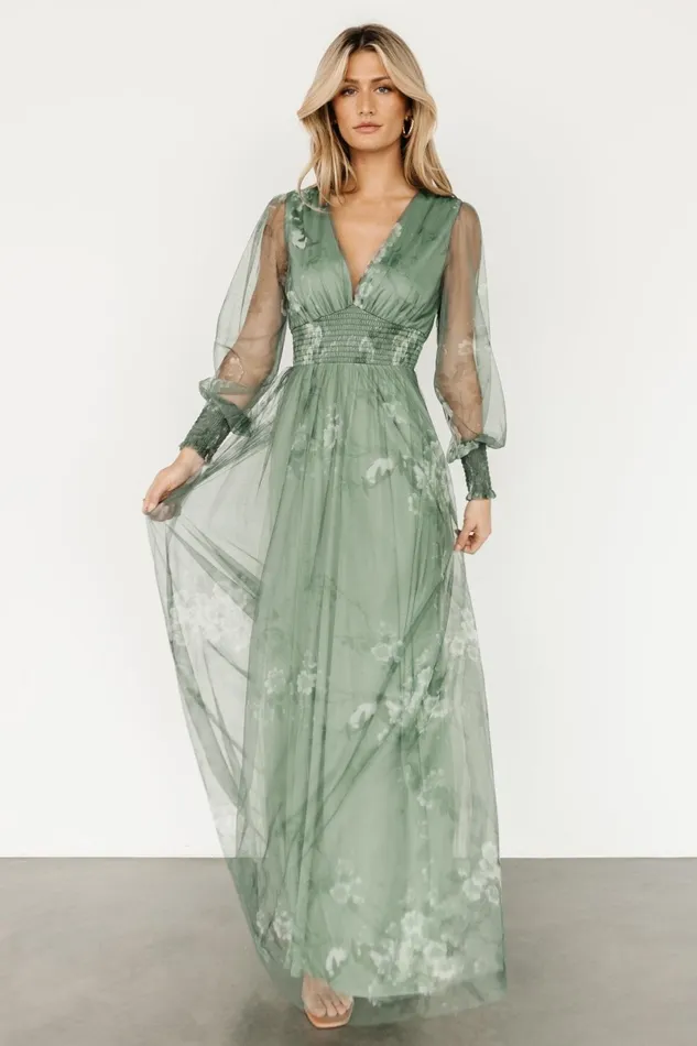 Layla Tulle Maxi Dress Dusty Green Floral Women Baltic Born Tulle Styles