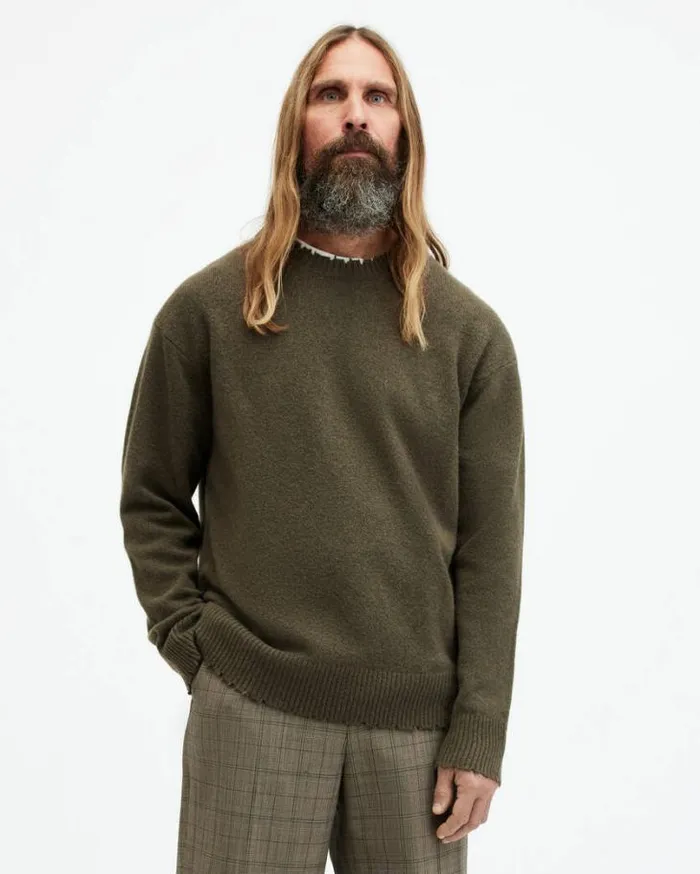 Luka Distressed Crew Neck Sweater Haze Green Men AllSaints Sweaters