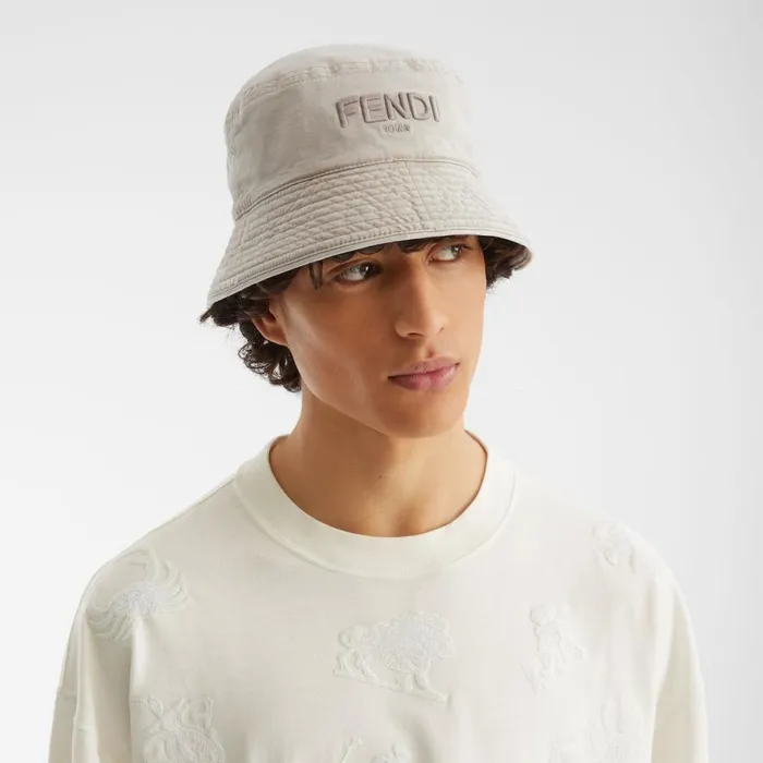 Man Beige Cotton Fishing Style Hat Beige Fendi Hats and Gloves