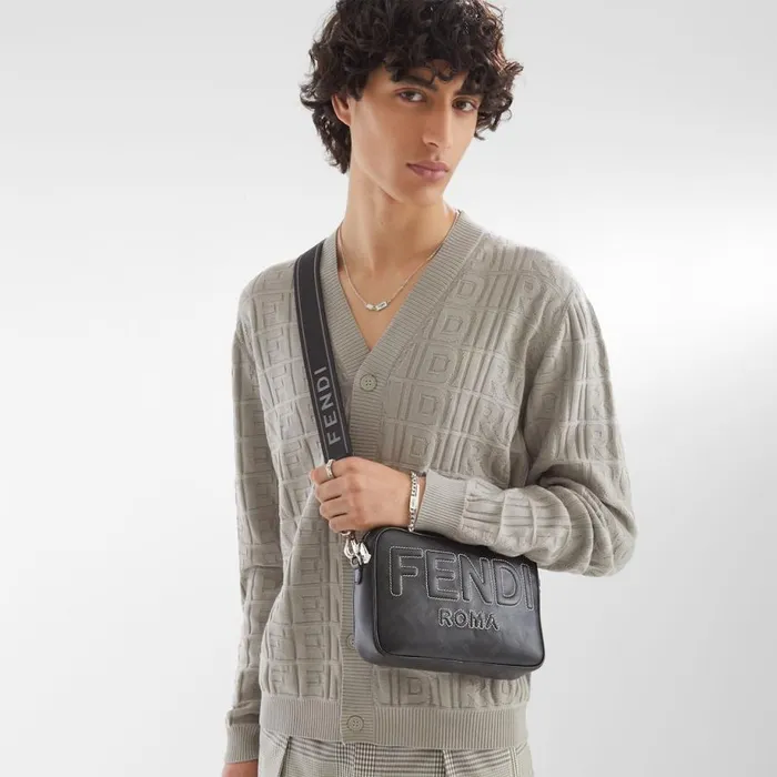 Man Black Leather Ff Print Bag Black Fendi Messenger Bags