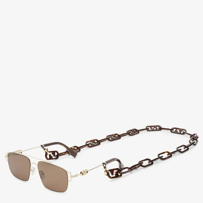 Man Gold Metal And Brown Lenses Sunglasses With Eyeglass Chain Fendi Sunglasses