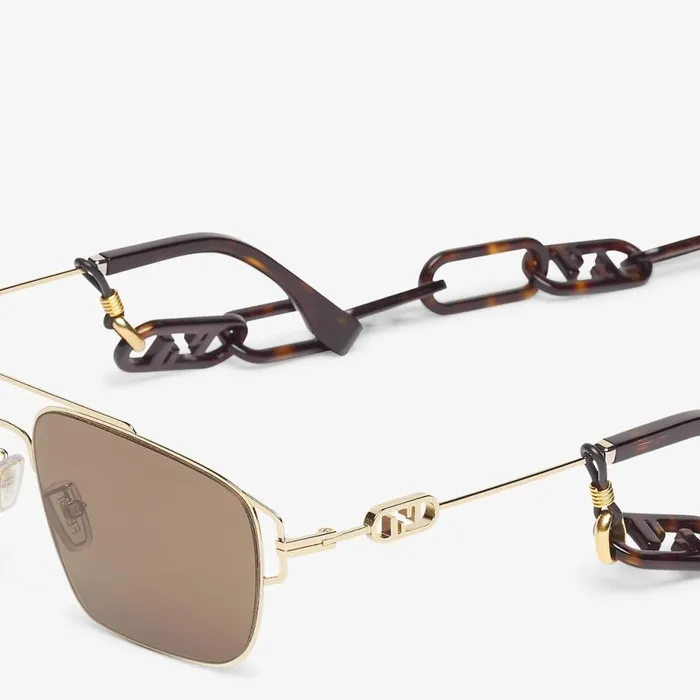 Man Gold Metal And Brown Lenses Sunglasses With Eyeglass Chain Fendi Sunglasses