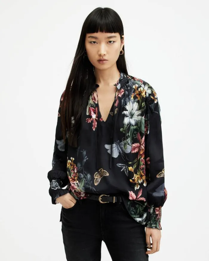 Maria Sanibel Floral Print Shirt Black Women AllSaints Tops and Shirts