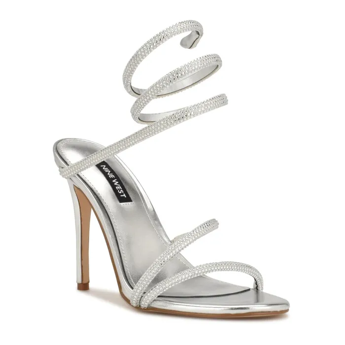Maskil Ankle Wrap Heeled Sandals Silver Shimmer Women Nine West High Heels Maskil Ankle Wrap Heeled Sandals Silver Shimmer Women Nine West High Heels