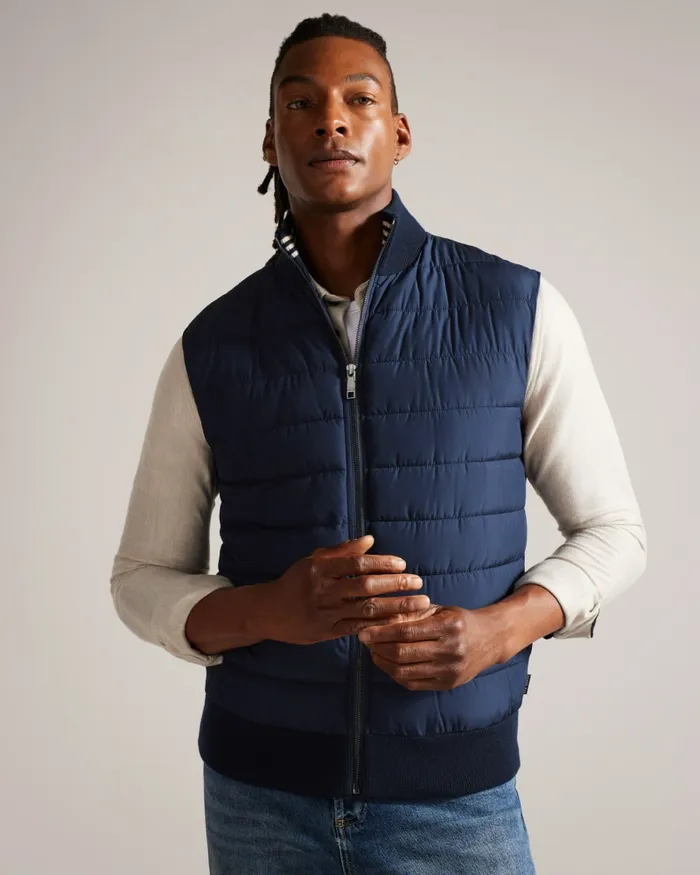 Men DEJAS 8211 Funnel Neck Gilet With Knitted Back Navy Ted Baker Jumpers and Knitwear Men DEJAS 8211 Funnel Neck Gilet With Knitted Back Navy Ted Baker Jumpers and Knitwear