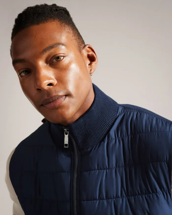 Men DEJAS 8211 Funnel Neck Gilet With Knitted Back Navy Ted Baker Jumpers and Knitwear Men DEJAS 8211 Funnel Neck Gilet With Knitted Back Navy Ted Baker Jumpers and Knitwear