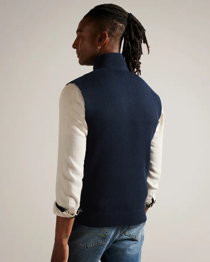 Men DEJAS 8211 Funnel Neck Gilet With Knitted Back Navy Ted Baker Jumpers and Knitwear Men DEJAS 8211 Funnel Neck Gilet With Knitted Back Navy Ted Baker Jumpers and Knitwear