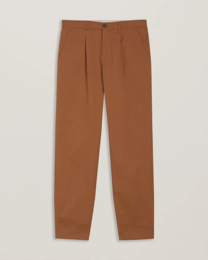 Men HOLMER 8211 Tapered Fit Pleated Cotton Trousers Brown Ted Baker Trousers and Chinos
