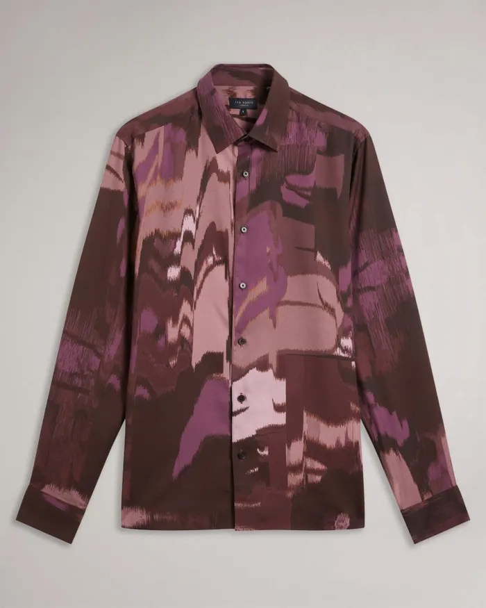 Men MORDUN 8211 Long Sleeve Abstract Butterfly Print Shirt Maroon Ted Baker Shirts