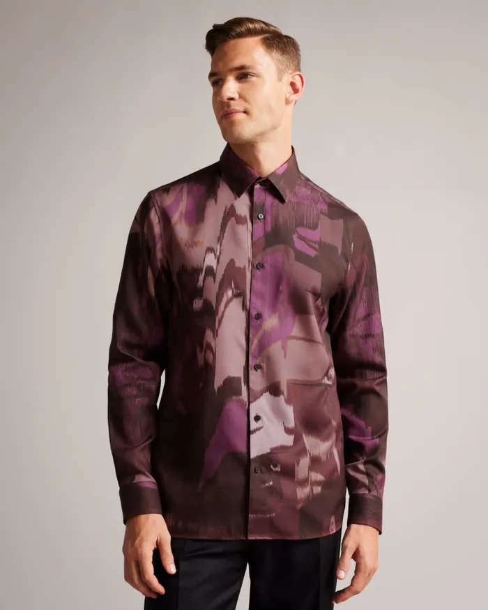 Men MORDUN 8211 Long Sleeve Abstract Butterfly Print Shirt Maroon Ted Baker Shirts