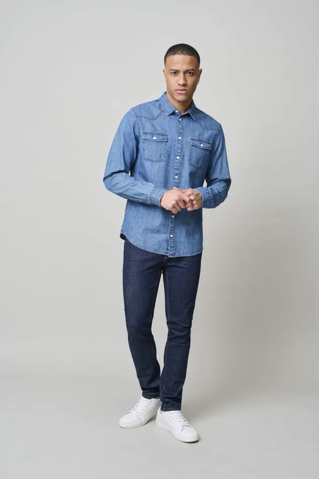 Men Shirts Blend Long Sleeved Shirt Denim Middle Blue
