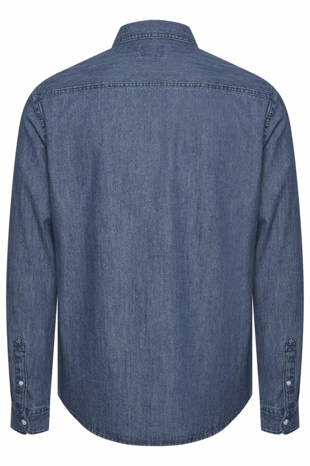 Men Shirts Blend Long Sleeved Shirt Denim Middle Blue