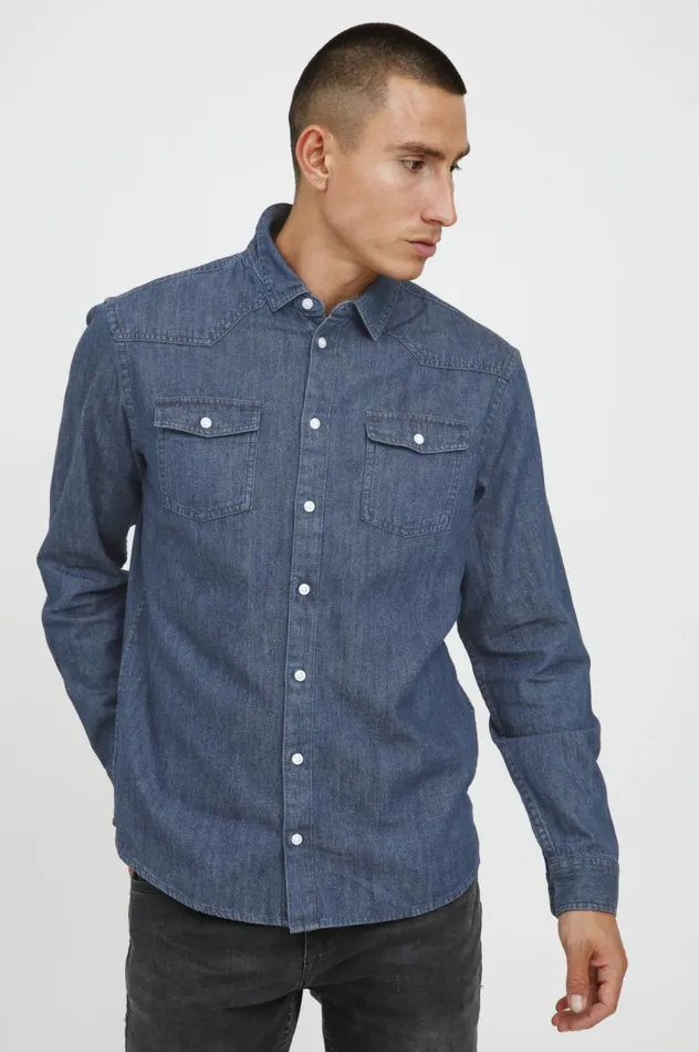 Men Shirts Blend Long Sleeved Shirt Denim Middle Blue
