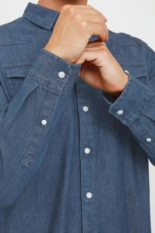 Men Shirts Blend Long Sleeved Shirt Denim Middle Blue