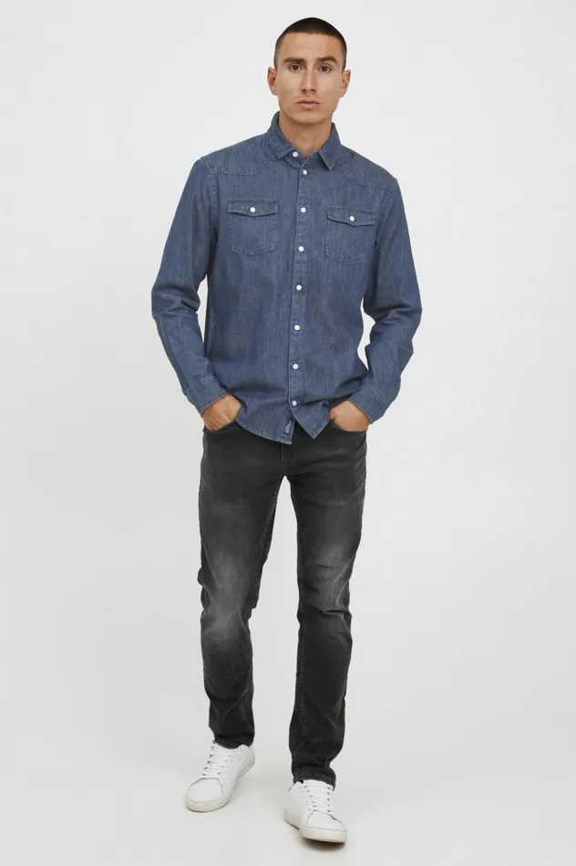 Men Shirts Blend Long Sleeved Shirt Denim Middle Blue