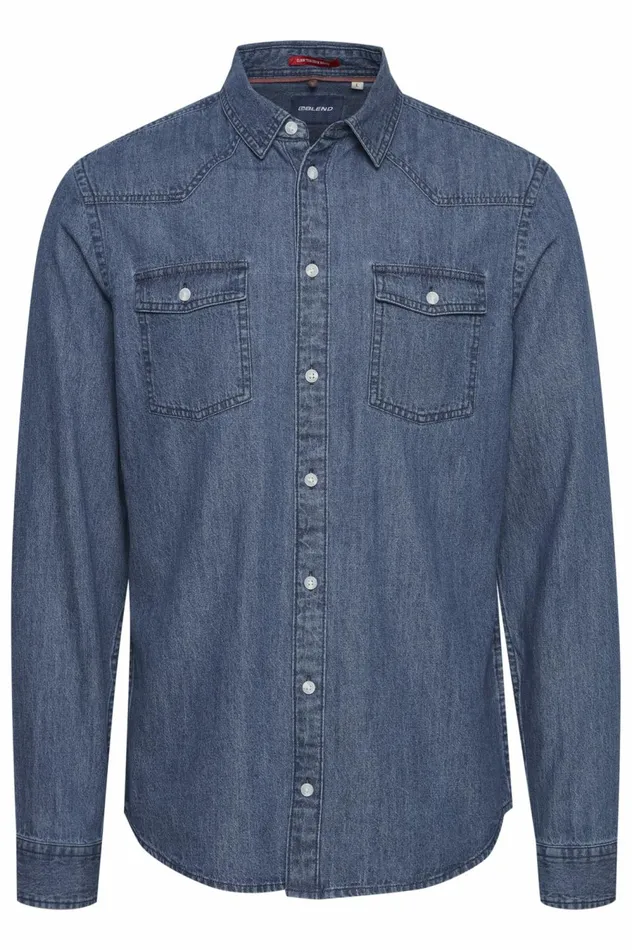 Men Shirts Blend Long Sleeved Shirt Denim Middle Blue