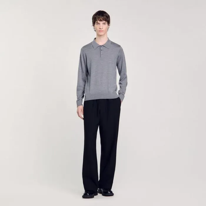 Men Sweaters and Cardigans SANDRO Fine Knit Polo Shirt Mocked Grey