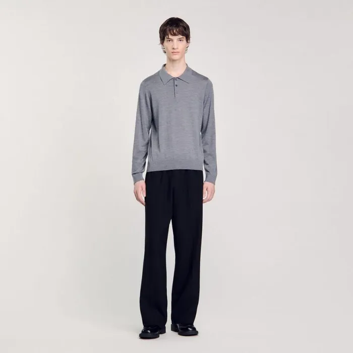 Men Sweaters and Cardigans SANDRO Fine Knit Polo Shirt Mocked Grey