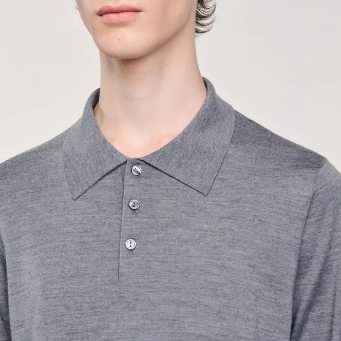 Men Sweaters and Cardigans SANDRO Fine Knit Polo Shirt Mocked Grey