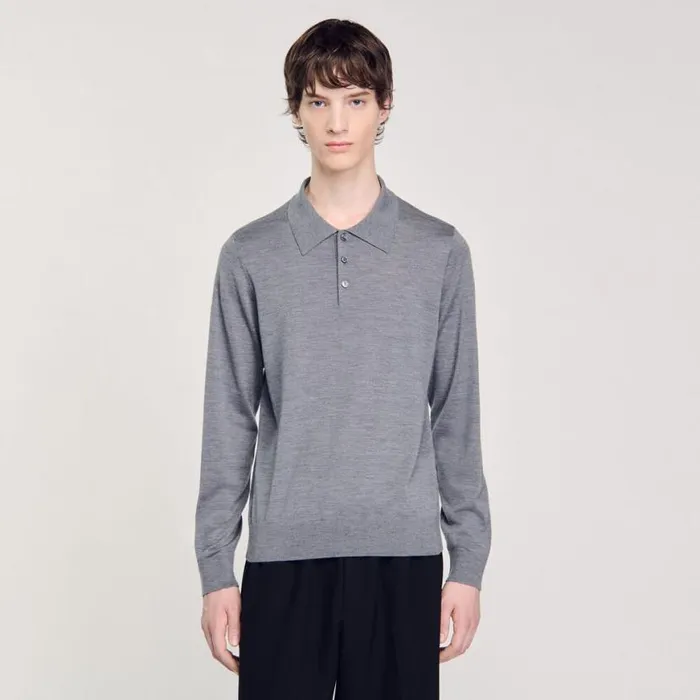 Men Sweaters and Cardigans SANDRO Fine Knit Polo Shirt Mocked Grey