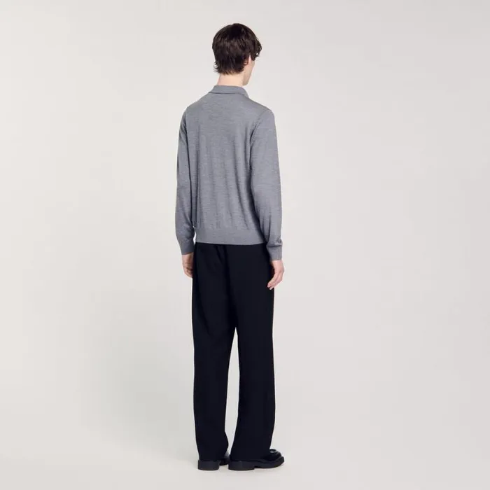 Men Sweaters and Cardigans SANDRO Fine Knit Polo Shirt Mocked Grey