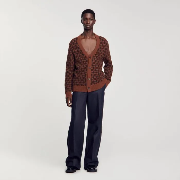 Men Sweaters and Cardigans SANDRO Jacquard Square Cross Pattern Cognac