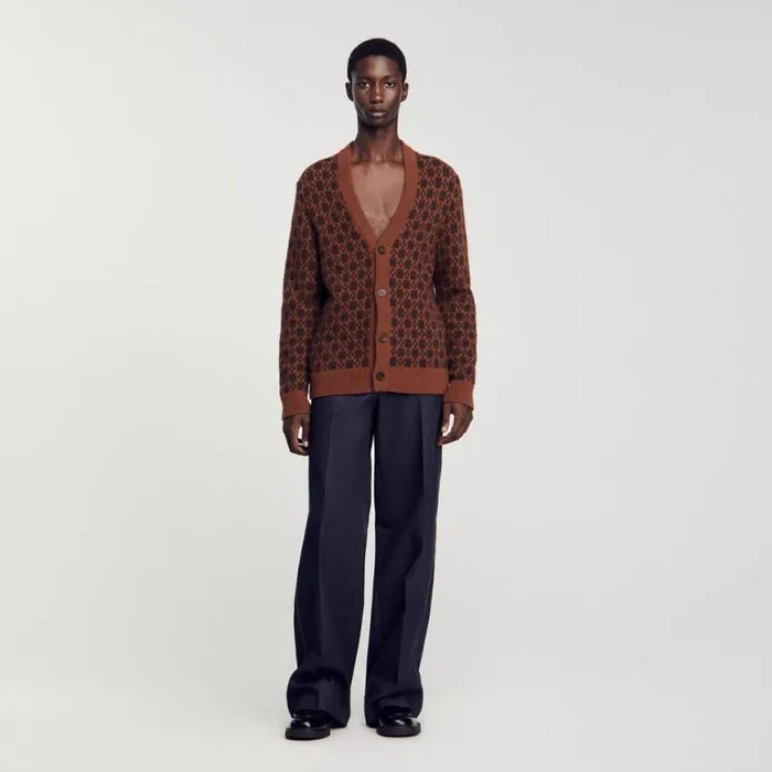 Men Sweaters and Cardigans SANDRO Jacquard Square Cross Pattern Cognac