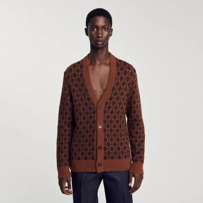 Men Sweaters and Cardigans SANDRO Jacquard Square Cross Pattern Cognac