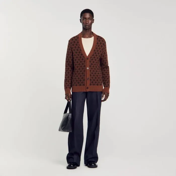 Men Sweaters and Cardigans SANDRO Jacquard Square Cross Pattern Cognac