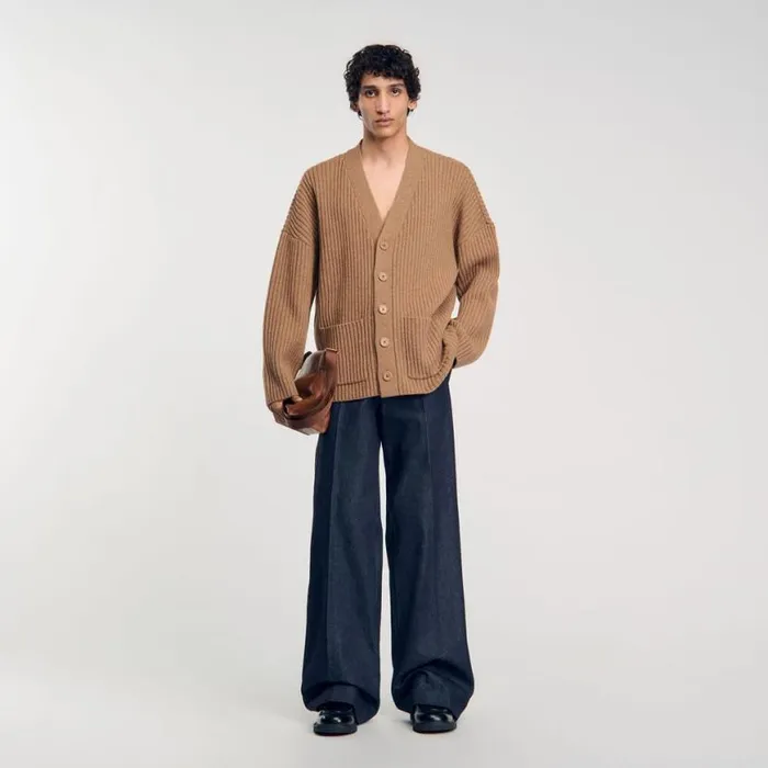 Men Sweaters and Cardigans SANDRO Oversized Rib Knit Cardigan Praline
