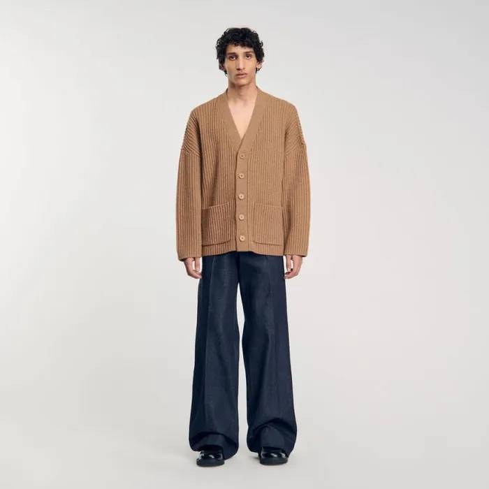 Men Sweaters and Cardigans SANDRO Oversized Rib Knit Cardigan Praline