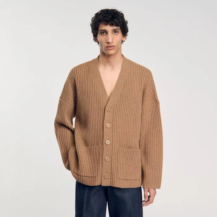 Men Sweaters and Cardigans SANDRO Oversized Rib Knit Cardigan Praline