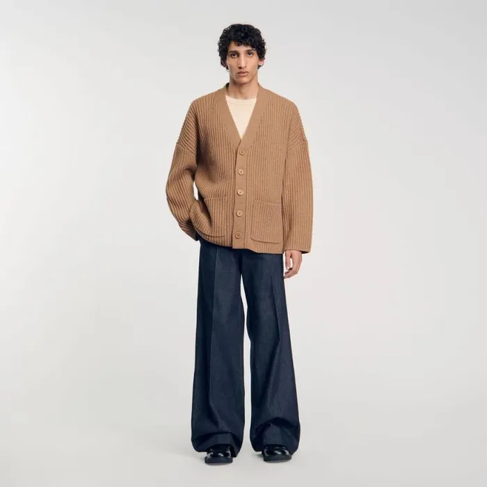 Men Sweaters and Cardigans SANDRO Oversized Rib Knit Cardigan Praline