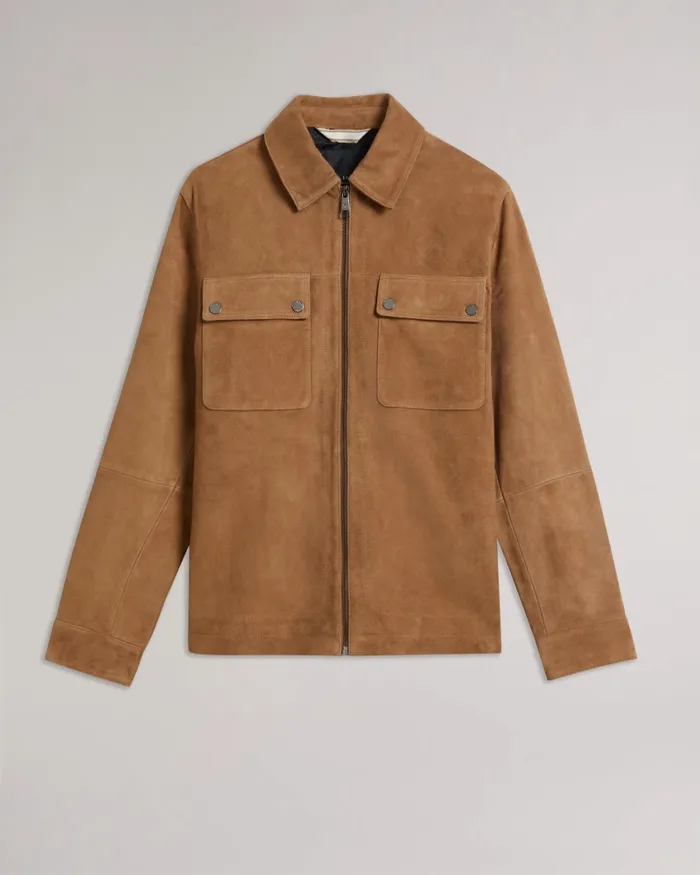Men THIERRY 8211 Suede Zip Through Shacket Camel Ted Baker Coats and Jackets