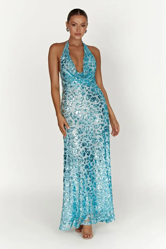 Meshki Bachelorette Nicola Plunge Neck Sequin Maxi Dress 8211 Powder Blue Powderblue 8211 Women