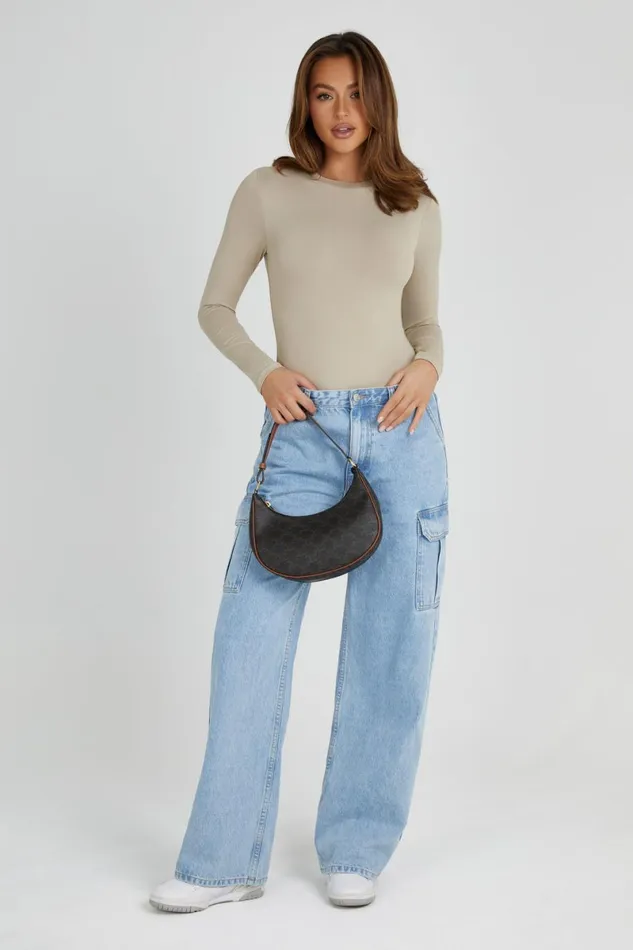 Meshki Basic Tops Delilah Recycled Nylon Long Sleeve Crew Neck Bodysuit 8211 Taupe Taupe 8211 Women