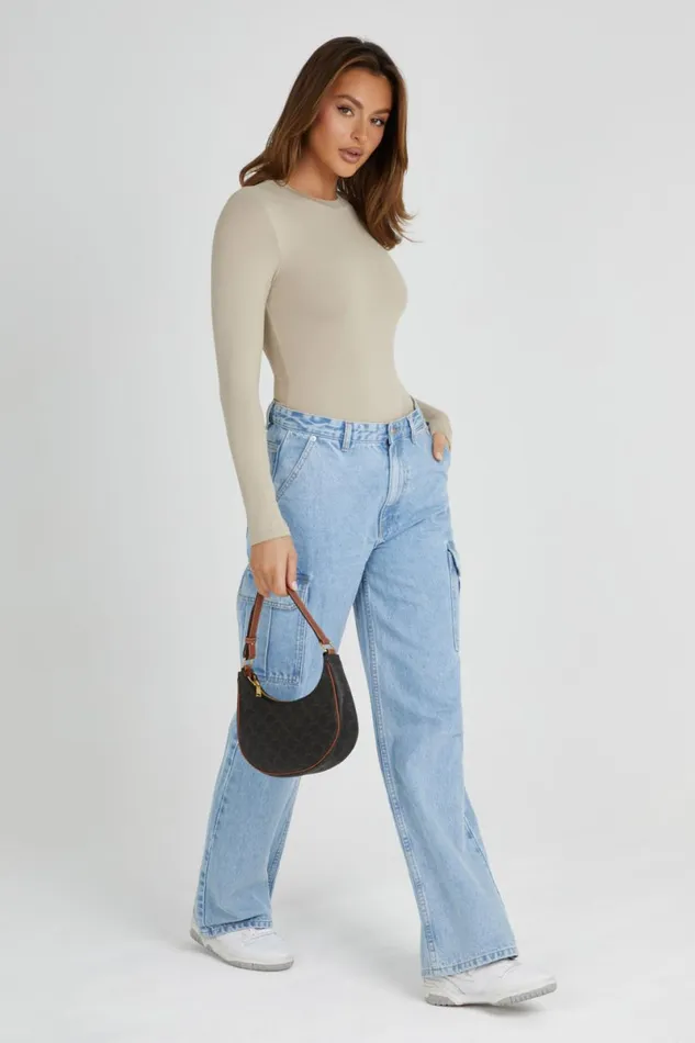 Meshki Basic Tops Delilah Recycled Nylon Long Sleeve Crew Neck Bodysuit 8211 Taupe Taupe 8211 Women