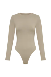 Meshki Basic Tops Delilah Recycled Nylon Long Sleeve Crew Neck Bodysuit 8211 Taupe Taupe 8211 Women