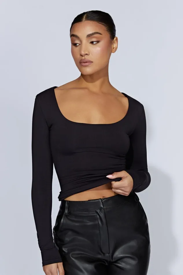 Meshki Basic Tops Heather Scooped Long Sleeve Top 8211 Black Black 8211 Women