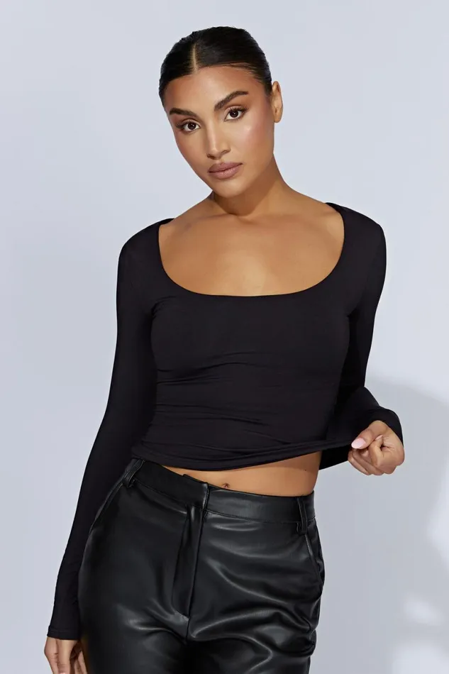 Meshki Basic Tops Heather Scooped Long Sleeve Top 8211 Black Black 8211 Women