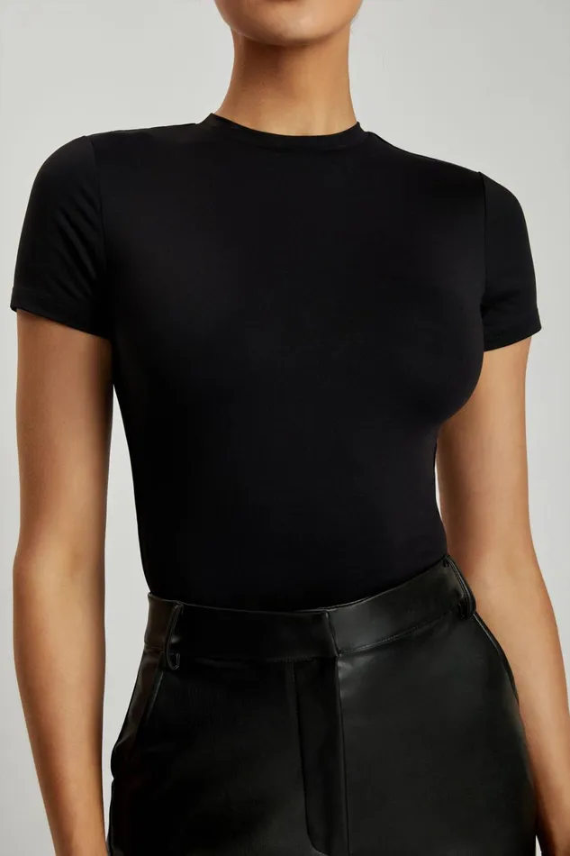 Meshki Bodysuits Francesca Crew Neck Short Sleeve Bodysuit 8211 Black Black 8211 Women