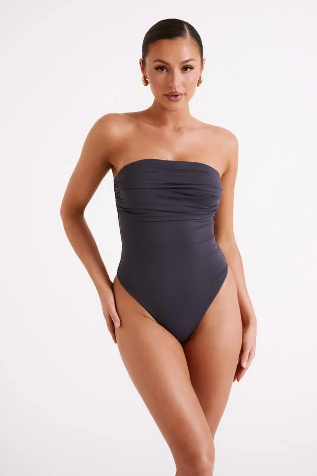 Meshki Bodysuits Romina Recycled Nylon Ruched Bodysuit 8211 Charcoal Charcoal 8211 Women