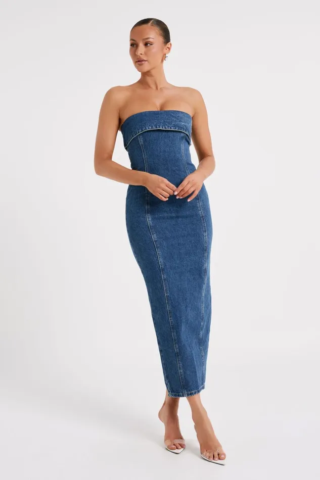 Meshki Denim Katherine Strapless Denim Midi Dress 8211 Dark Blue Darkblue 8211 Women