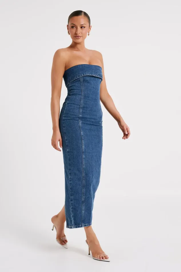 Meshki Denim Katherine Strapless Denim Midi Dress 8211 Dark Blue Darkblue 8211 Women