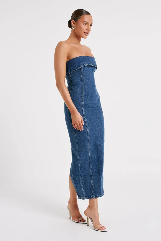 Meshki Denim Katherine Strapless Denim Midi Dress 8211 Dark Blue Darkblue 8211 Women