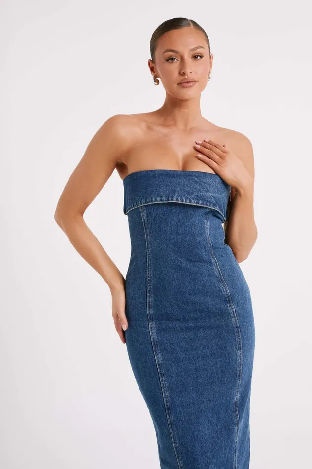 Meshki Denim Katherine Strapless Denim Midi Dress 8211 Dark Blue Darkblue 8211 Women