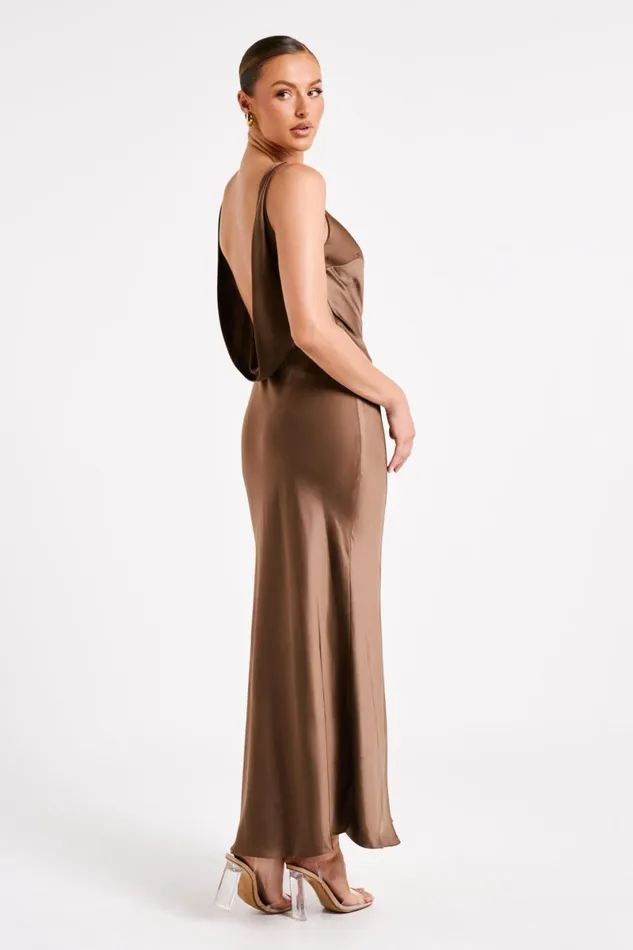 Meshki Maxi Dresses Gemima Satin Maxi Dress With Split 8211 Mocha Mocha 8211 Women