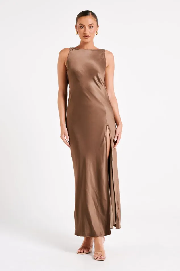 Meshki Maxi Dresses Gemima Satin Maxi Dress With Split 8211 Mocha Mocha 8211 Women Meshki Maxi Dresses Gemima Satin Maxi Dress With Split 8211 Mocha Mocha 8211 Women