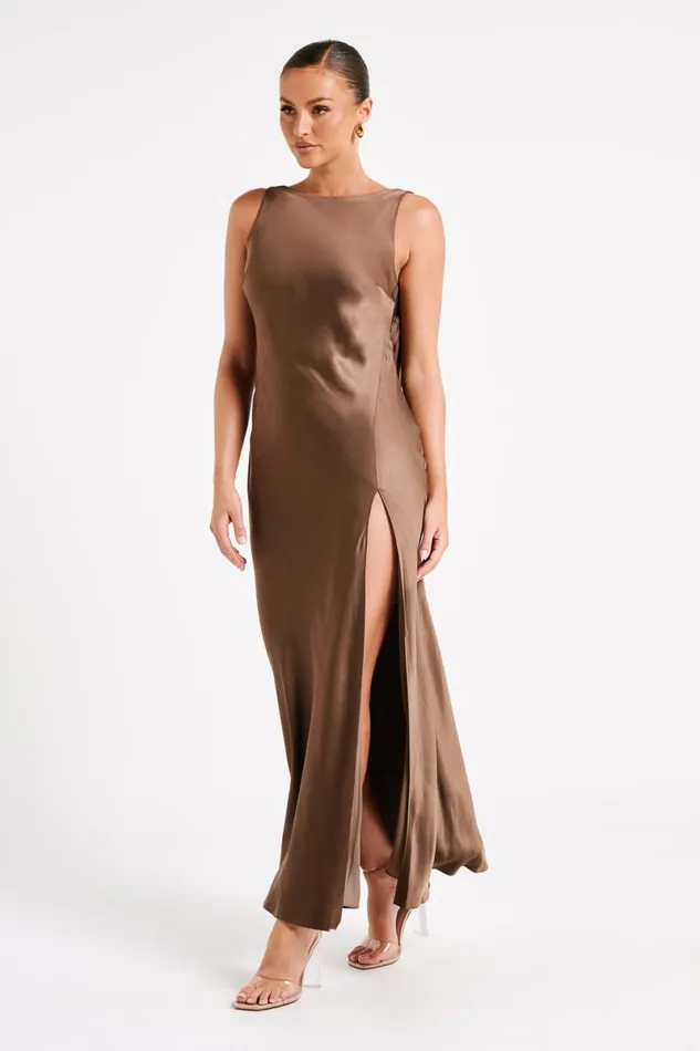 Meshki Maxi Dresses Gemima Satin Maxi Dress With Split 8211 Mocha Mocha 8211 Women Meshki Maxi Dresses Gemima Satin Maxi Dress With Split 8211 Mocha Mocha 8211 Women
