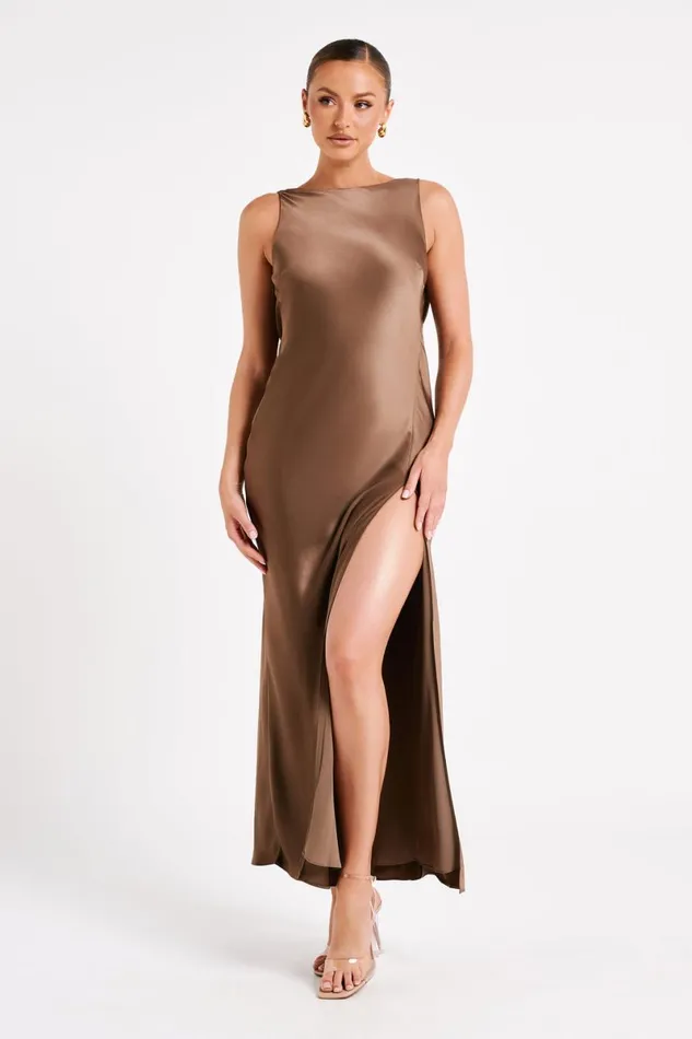 Meshki Maxi Dresses Gemima Satin Maxi Dress With Split 8211 Mocha Mocha 8211 Women Meshki Maxi Dresses Gemima Satin Maxi Dress With Split 8211 Mocha Mocha 8211 Women